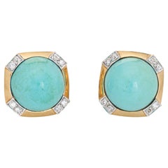 Turquoise Diamond Earrings Vintage 60s 14k Yellow Gold Square Stud Jewelry