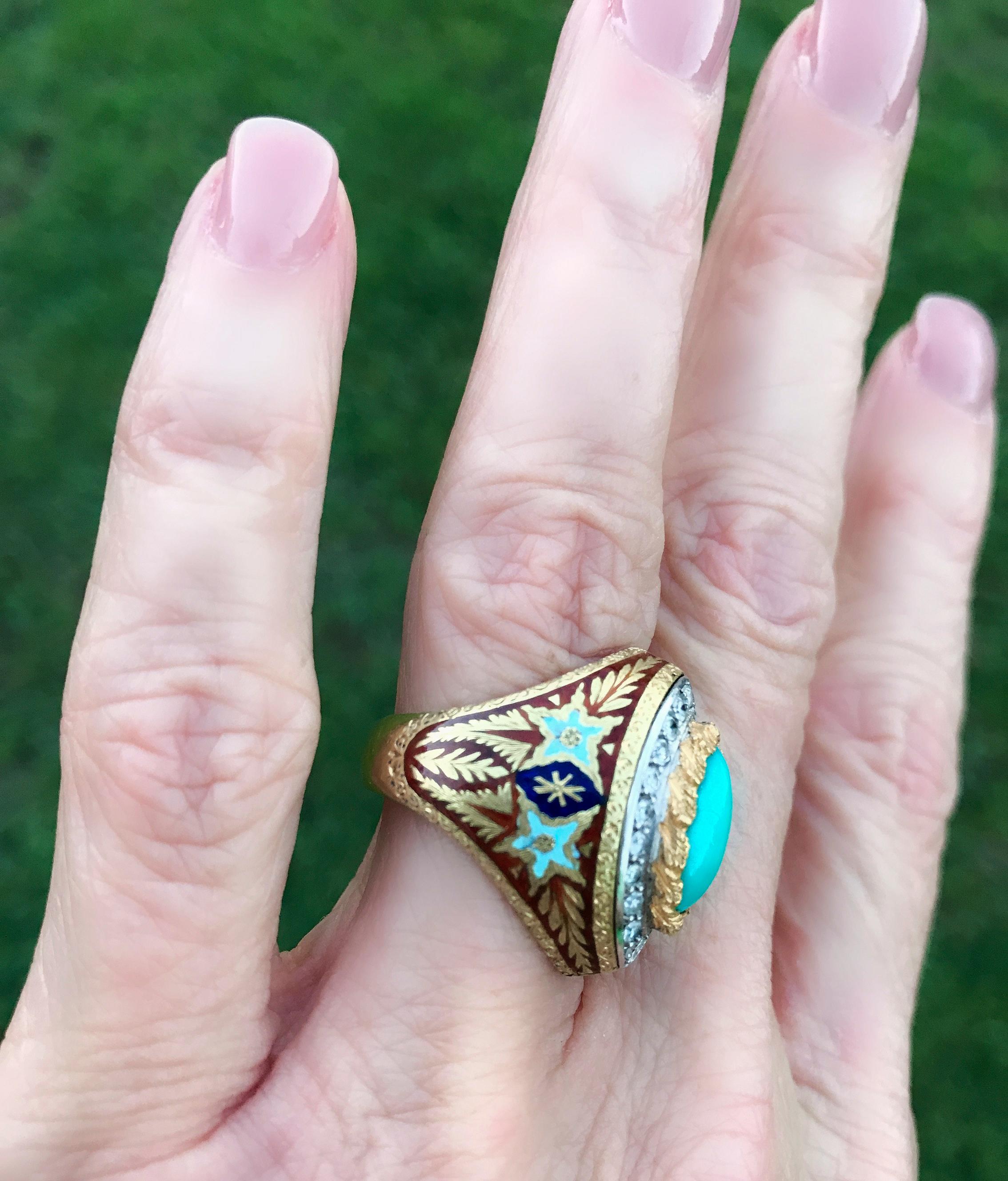 Turquoise Diamond Enamel and 18 Karat Gold Cazzaniga Roma Cocktail Dress Ring For Sale 6