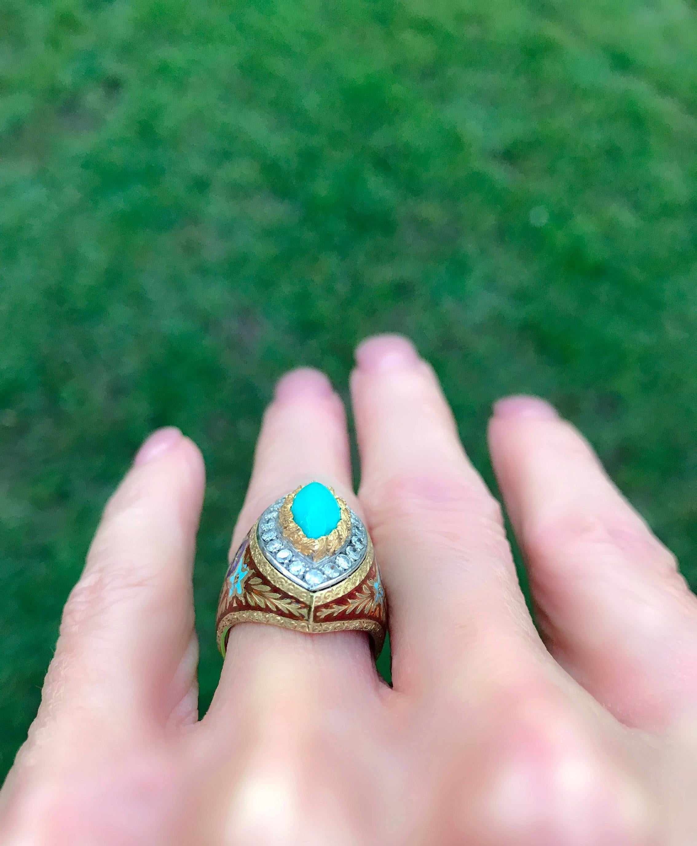 Turquoise Diamond Enamel and 18 Karat Gold Cazzaniga Roma Cocktail Dress Ring For Sale 9
