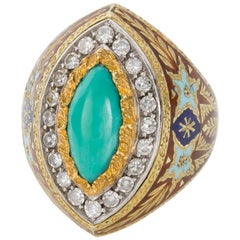 Turquoise Diamond Enamel and 18 Karat Gold Cazzaniga Roma Cocktail Dress Ring