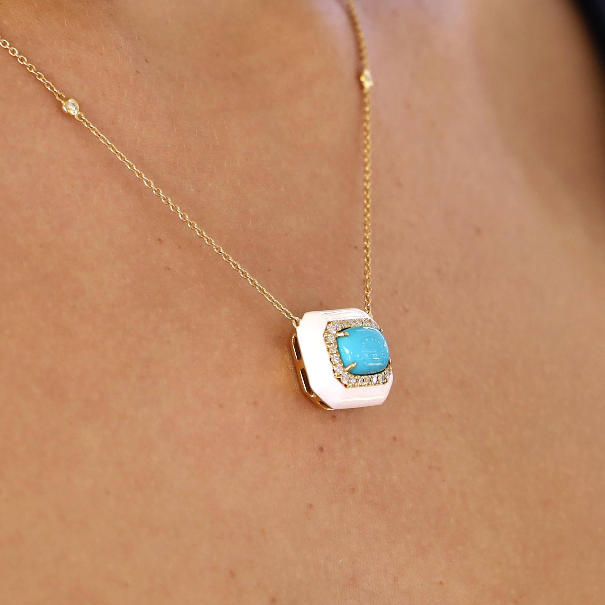 Collar Turquesa Diamante y Esmalte Oro 18k Corte cojín en venta