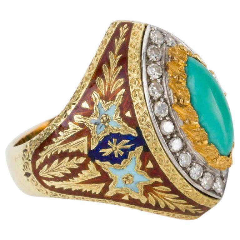 Turquoise Diamond Enamel and 18 Karat Gold Cazzaniga Roma Cocktail Dress Ring In Excellent Condition For Sale In QLD , AU