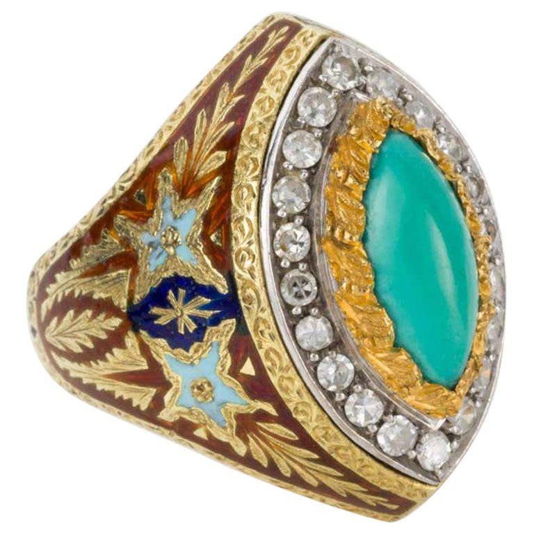 Women's Turquoise Diamond Enamel and 18 Karat Gold Cazzaniga Roma Cocktail Dress Ring For Sale