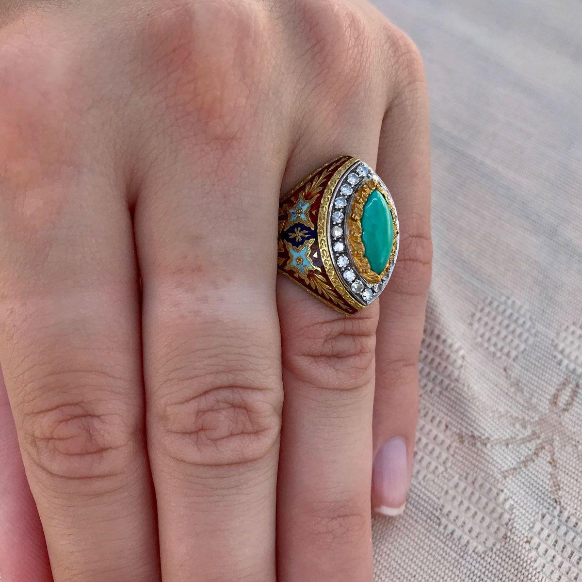 Turquoise Diamond Enamel and 18 Karat Gold Cazzaniga Roma Cocktail Dress Ring For Sale 4