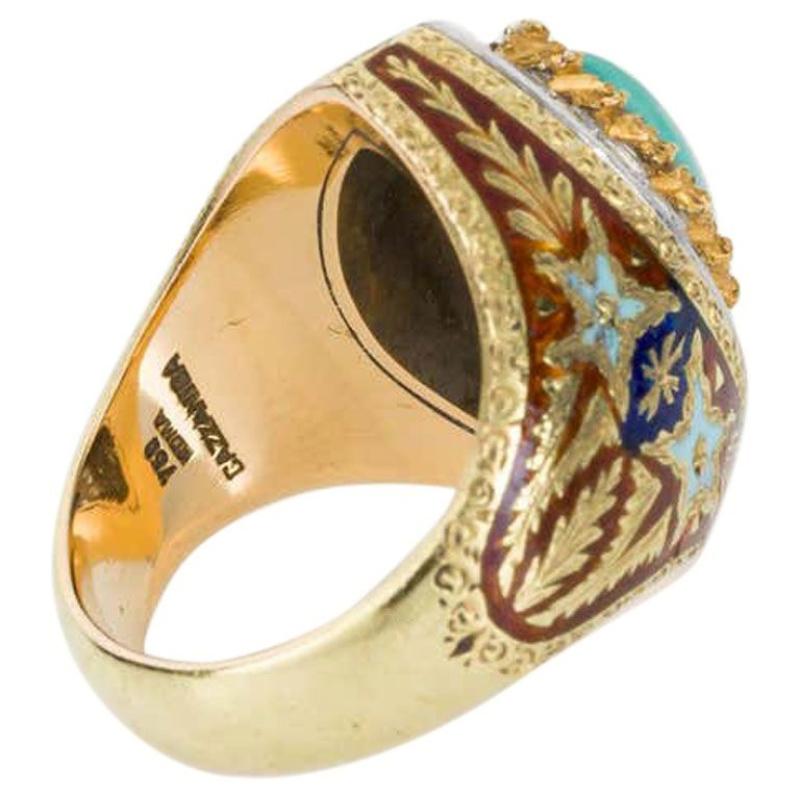 Renaissance Turquoise Diamond Enamel and 18 Karat Gold Cazzaniga Roma Cocktail Dress Ring For Sale