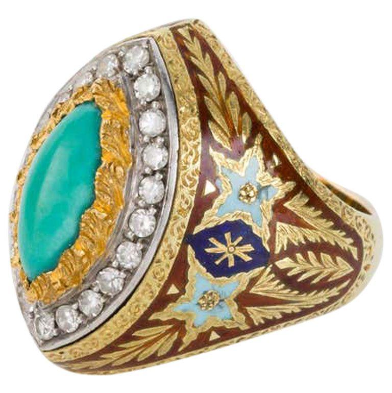 Do you want the most outstanding ring in the room? Would you like to have something that is so unique everyone is swooning over it? This is the ring for you - an original Cazzaniga Roma 18k yellow gold turquoise, diamond and enamel ring. The detail