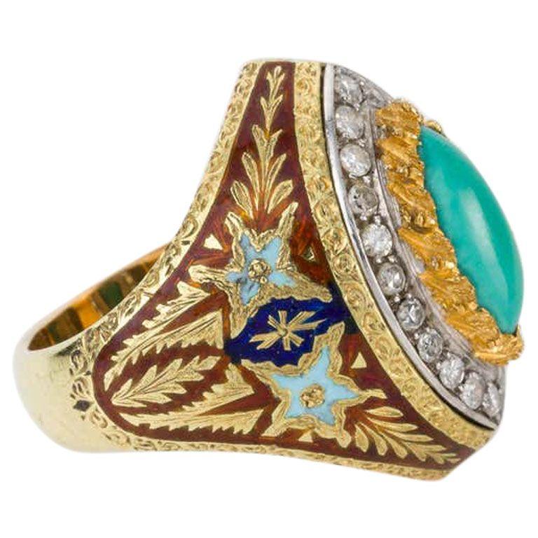 Renaissance Turquoise Diamond Enamel and 18 Karat Gold Cazzaniga Roma Cocktail Dress Ring For Sale