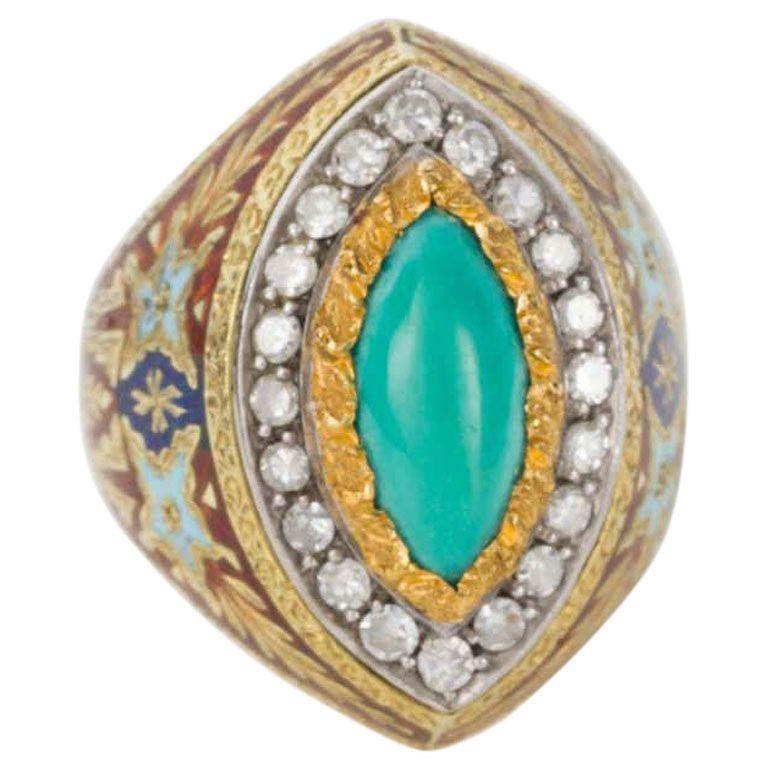 Turquoise Diamond Enamel and 18 Karat Gold Cazzaniga Roma Cocktail Dress Ring For Sale 1