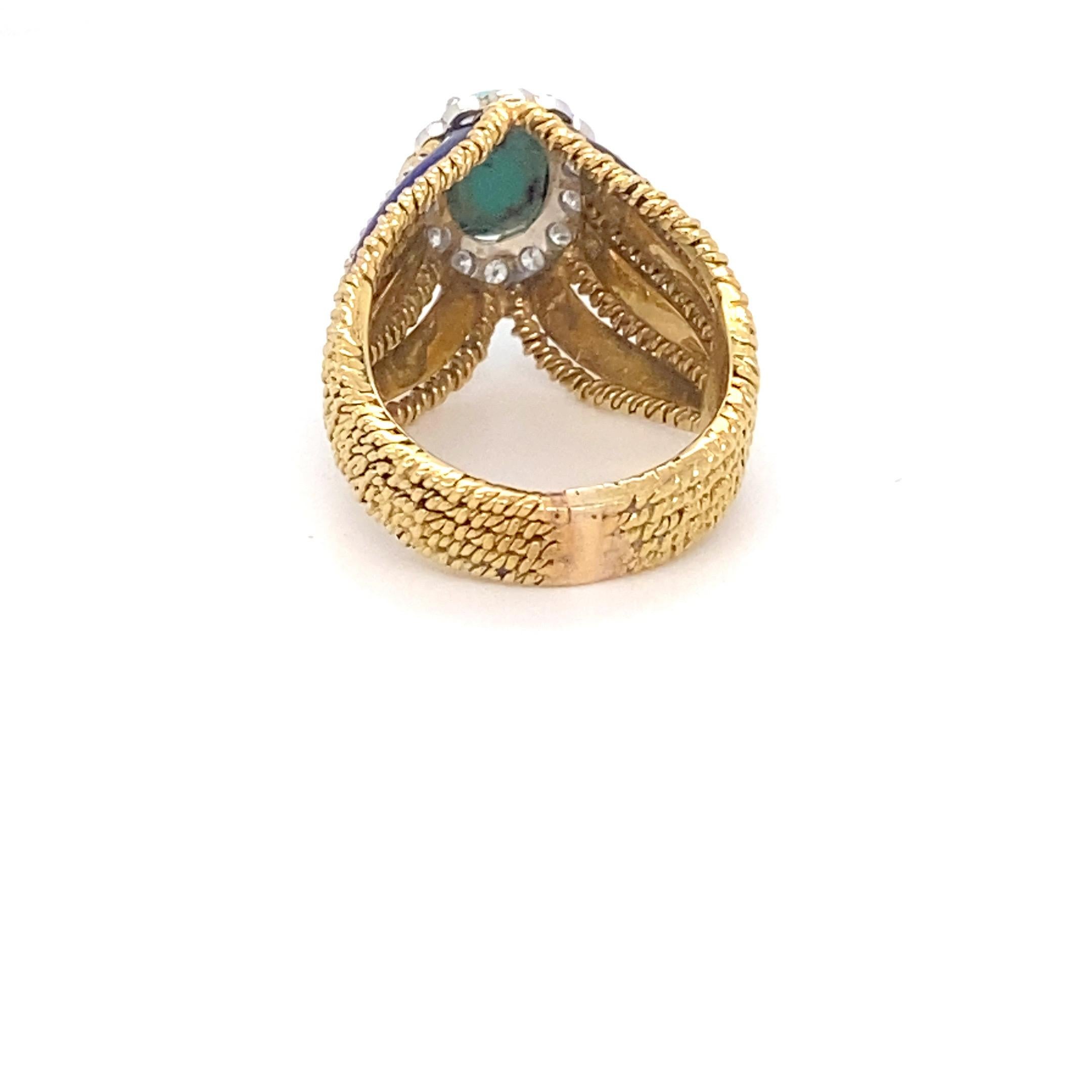 Turquoise Diamond Enamel Yellow Gold Ring For Sale 4