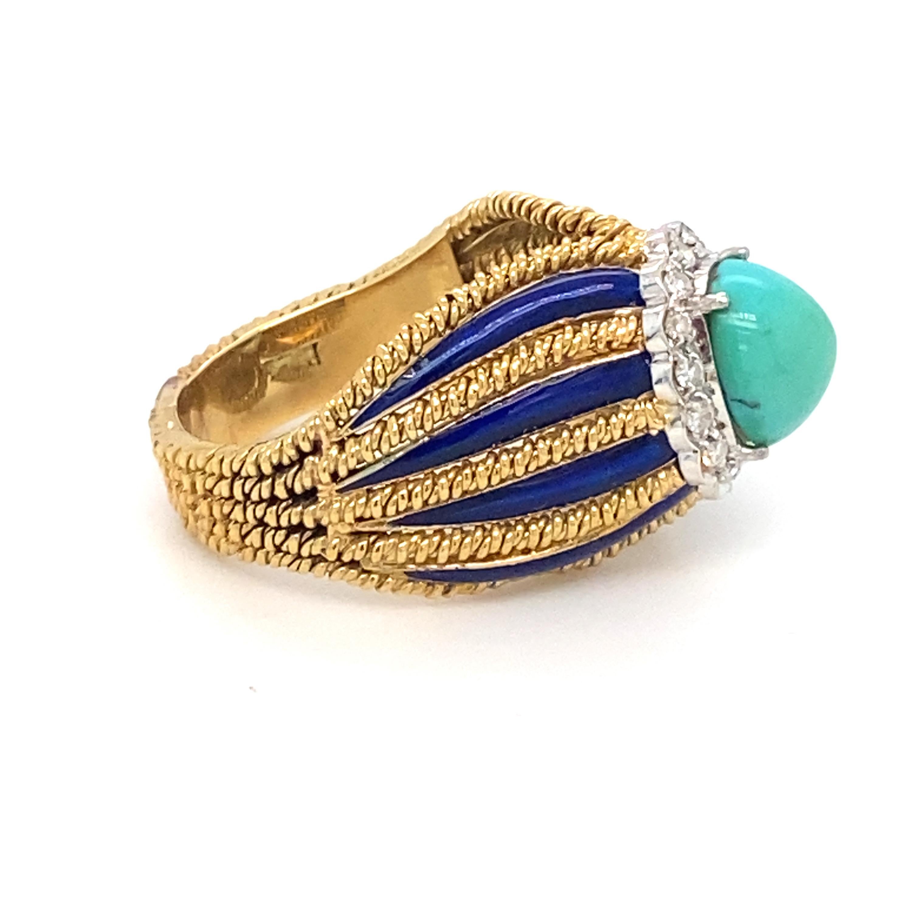 Turquoise Diamond Enamel Yellow Gold Ring For Sale 6