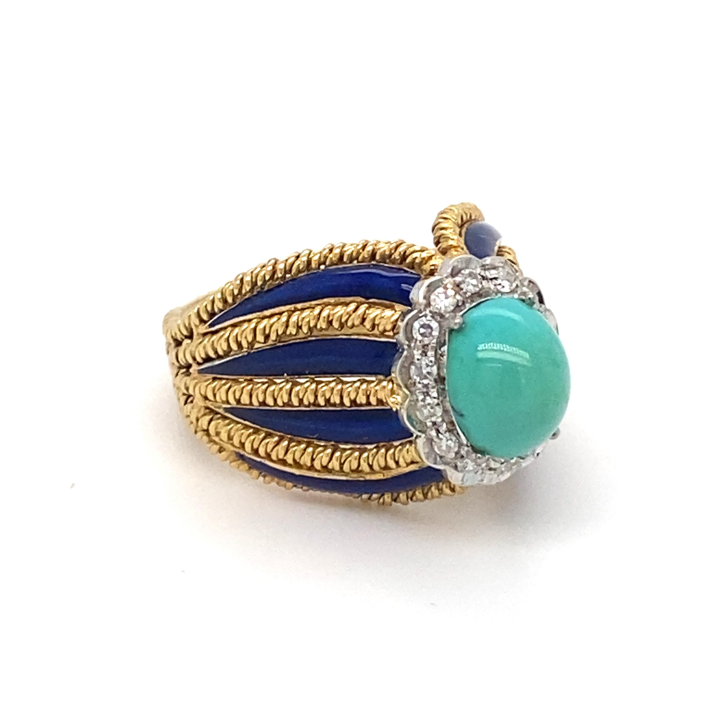 Turquoise Diamond Enamel Yellow Gold Ring For Sale 7