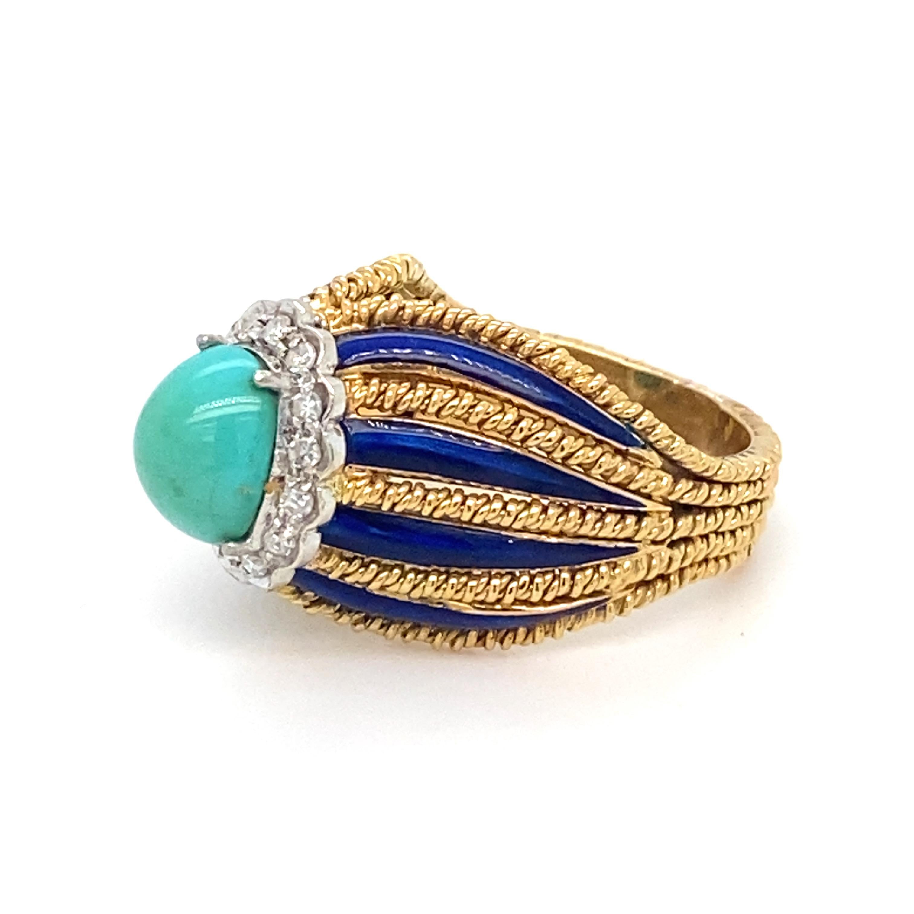 This beautiful vintage ring has turquoise as the center stone surrounded by white diamonds, The shank has meticulously crafted intricate work of midnight blue enamel and rope work of yellow gold. 
Weight of Turquoise: 2.5carat approx
Weight of