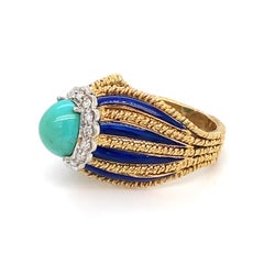 Turquoise Diamond Enamel Yellow Gold Ring