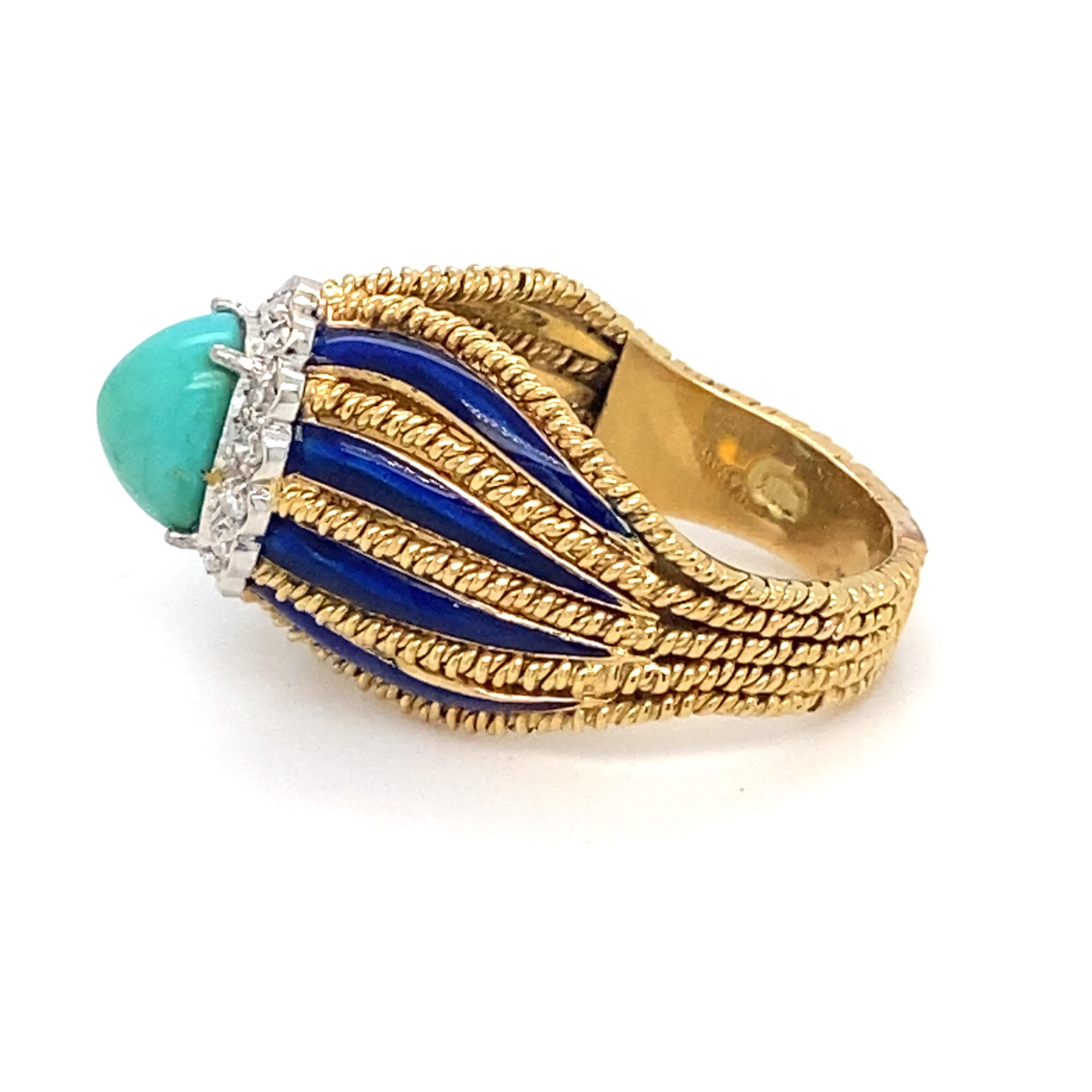 Retro Turquoise Diamond Enamel Yellow Gold Ring For Sale
