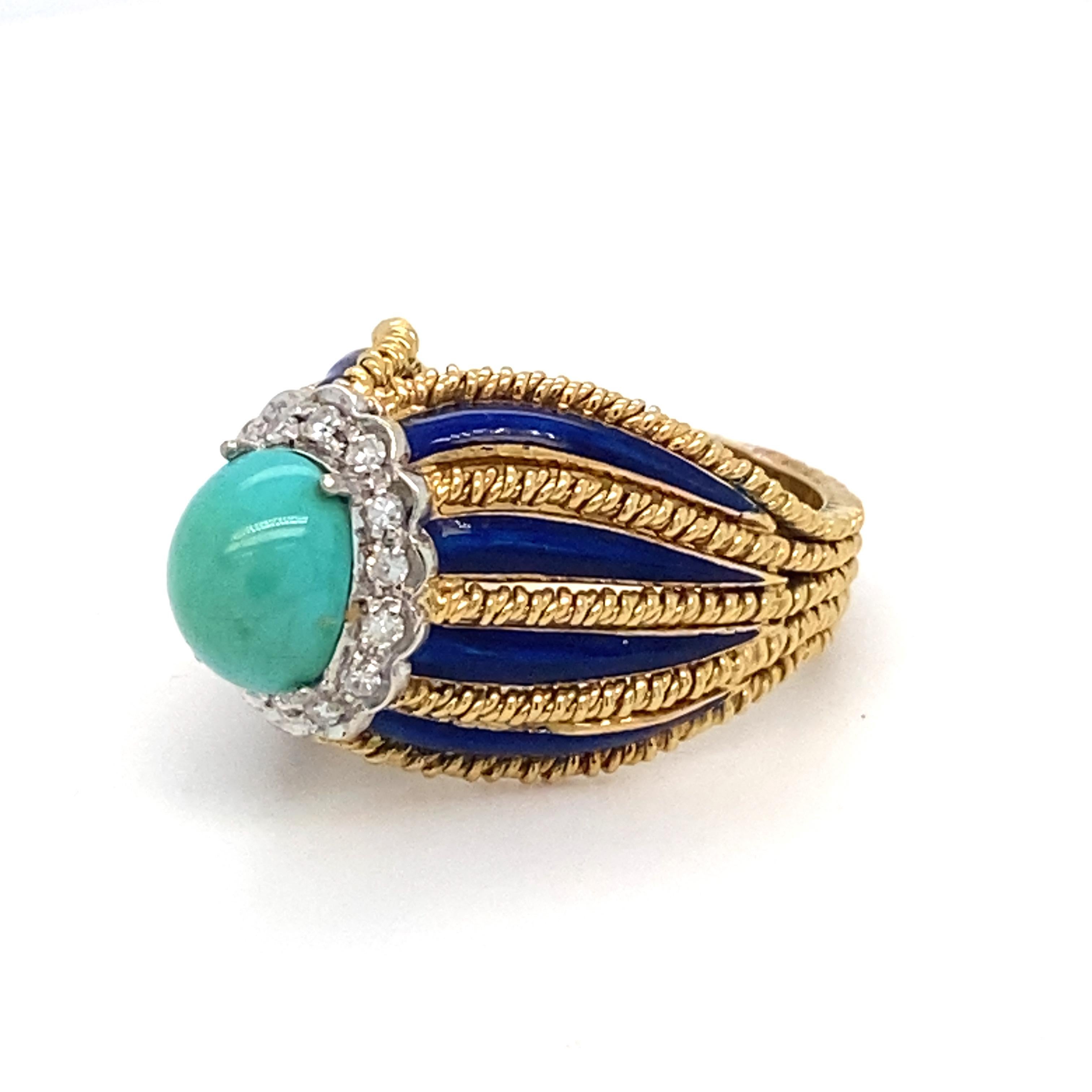 Cabochon Turquoise Diamond Enamel Yellow Gold Ring For Sale