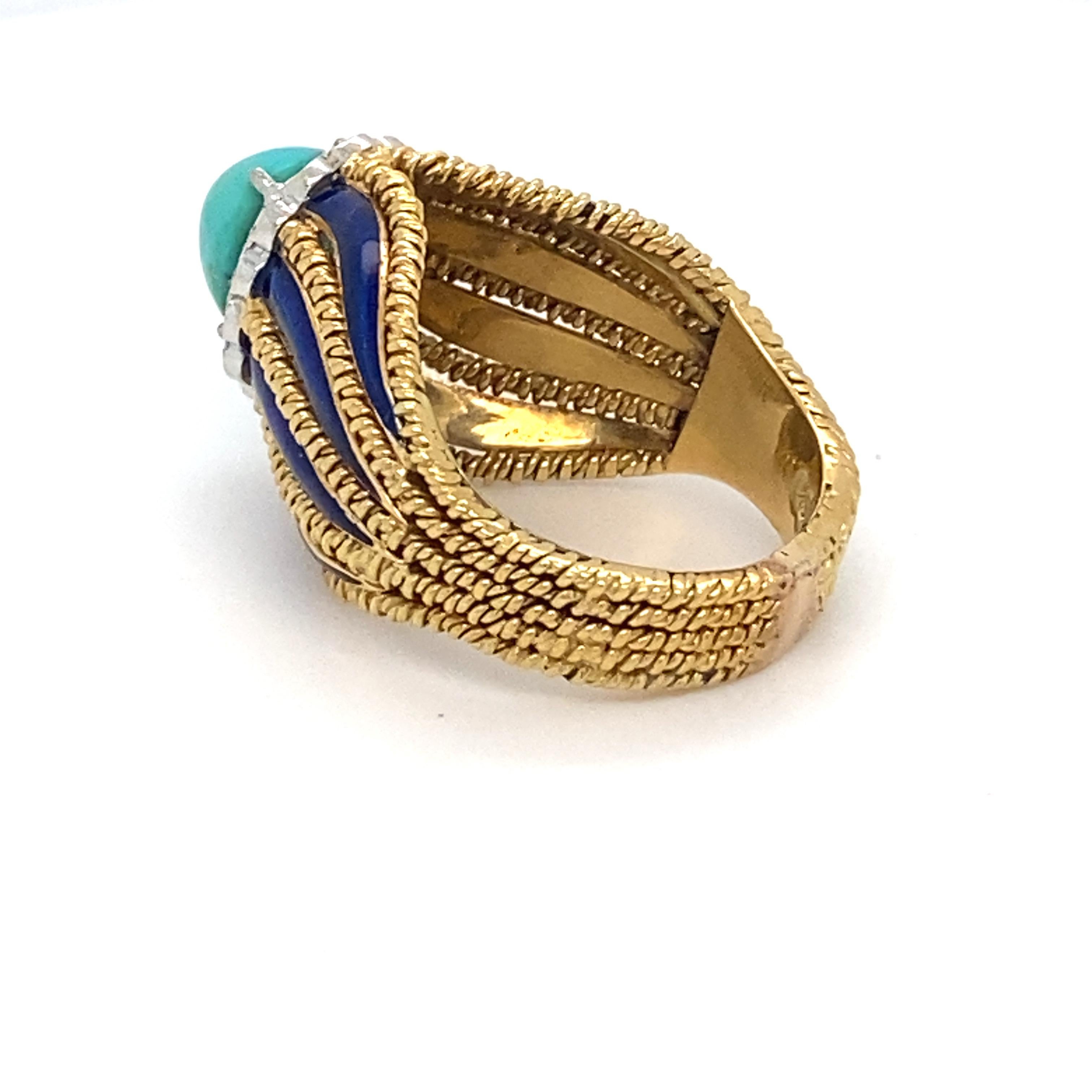 Turquoise Diamond Enamel Yellow Gold Ring In Good Condition For Sale In Trumbull, CT