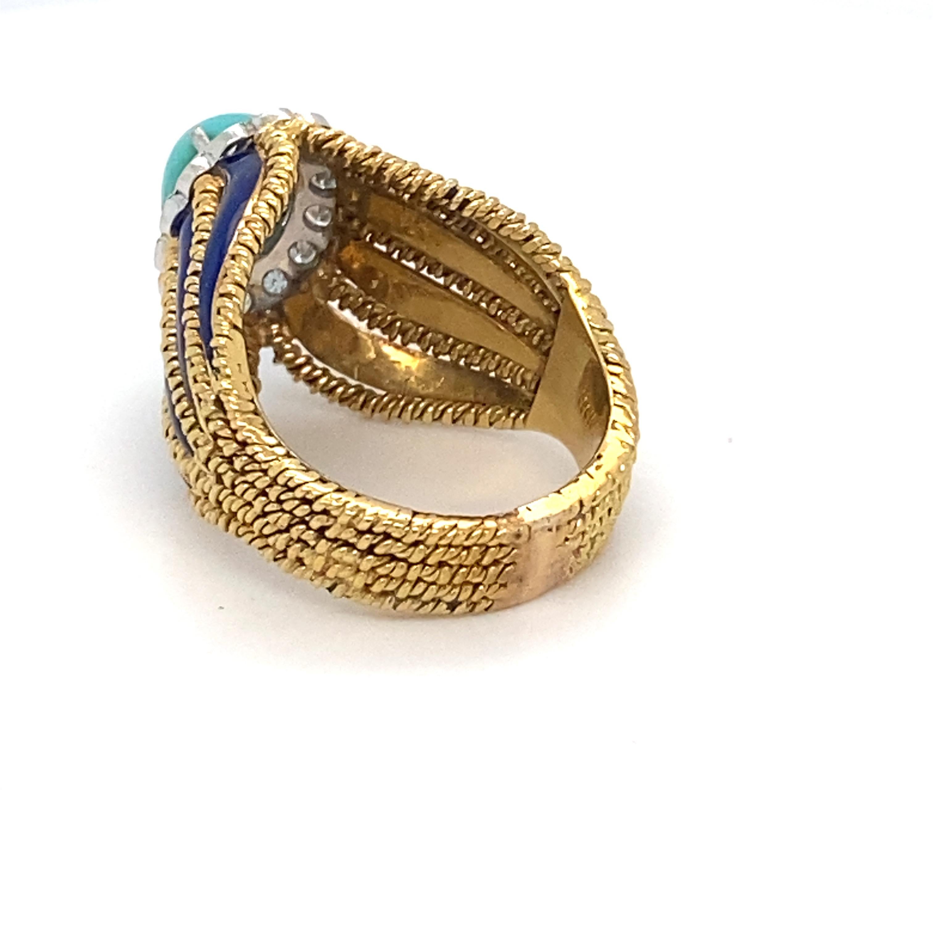 Women's Turquoise Diamond Enamel Yellow Gold Ring For Sale