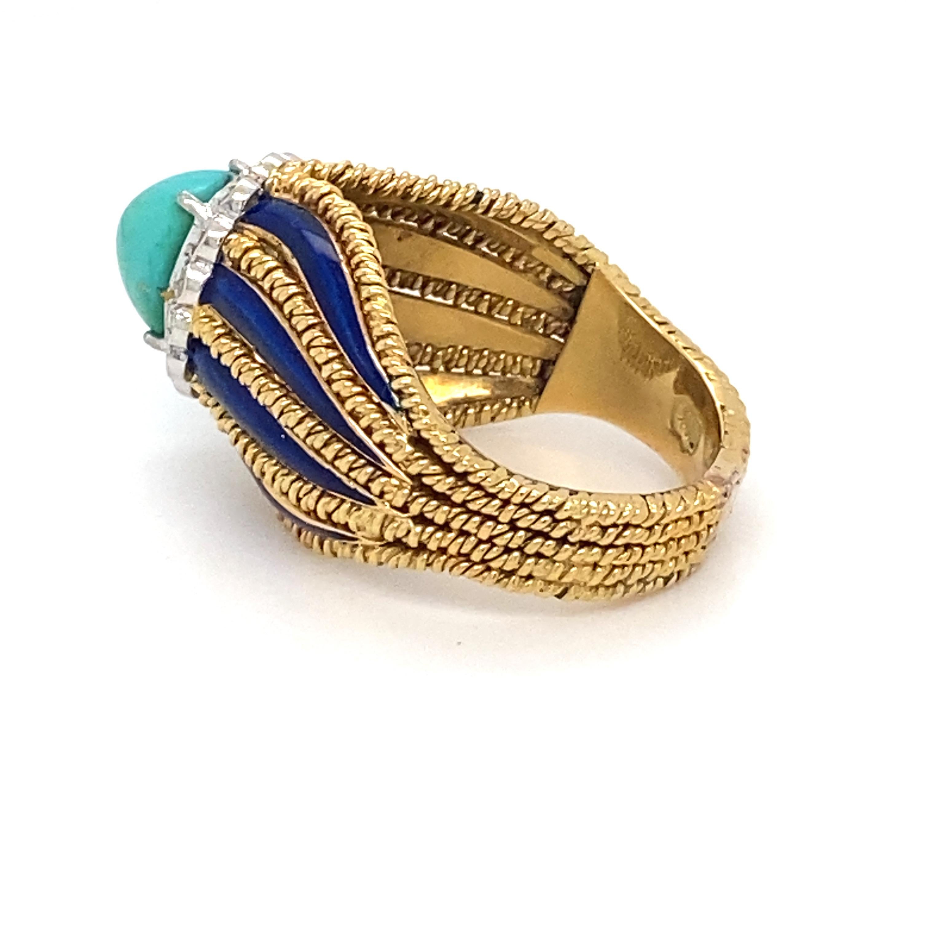 Turquoise Diamond Enamel Yellow Gold Ring For Sale 2