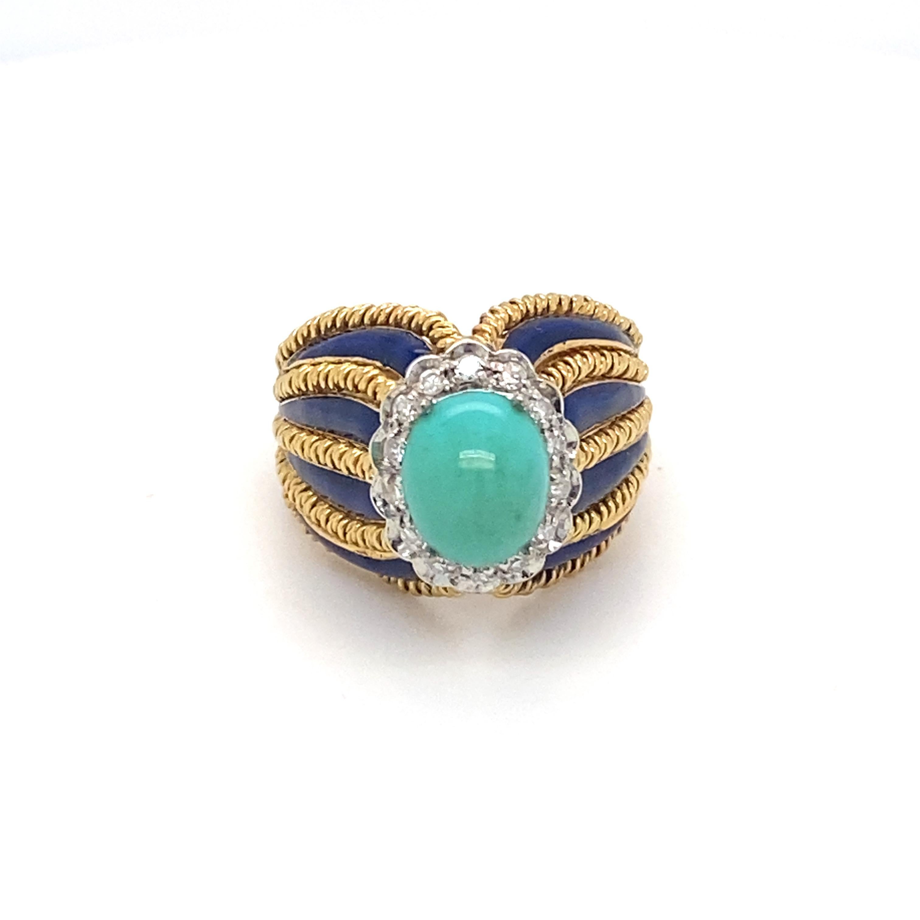 Turquoise Diamond Enamel Yellow Gold Ring For Sale 3