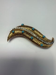 Turquoise Diamond Feather brooch 18KT yellow gold 10 grams
