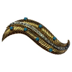 Turquoise Diamond Feather brooch 18KT yellow gold 10 grams
