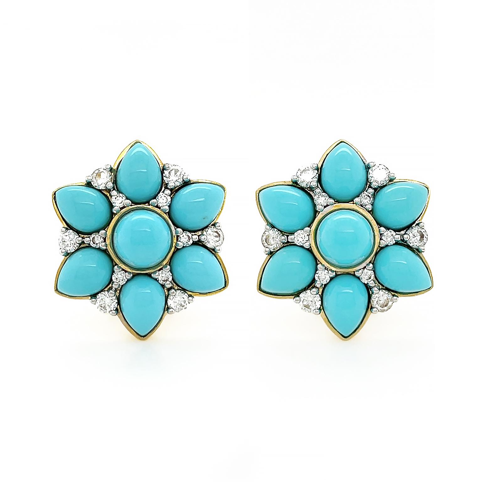 Lustrous turquoise depicts a floral motif against the flicker of diamonds for these earrings. A round carving of the gem is surrounded by six pear shapes to form a flower. In between the pear cuts are E color VS1 diamonds, the second to highest