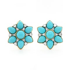 Cabochon Sleeping Beauty Turquoise Diamond Flower 18K Yellow Gold Earrings