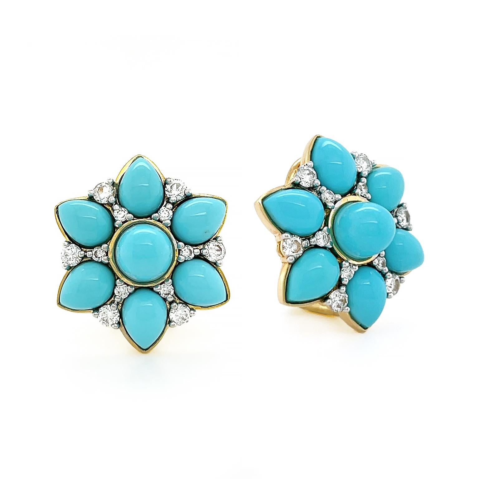Cabochon Sleeping Beauty Turquoise Diamond Flower 18K Yellow Gold Earrings In New Condition In New York, NY