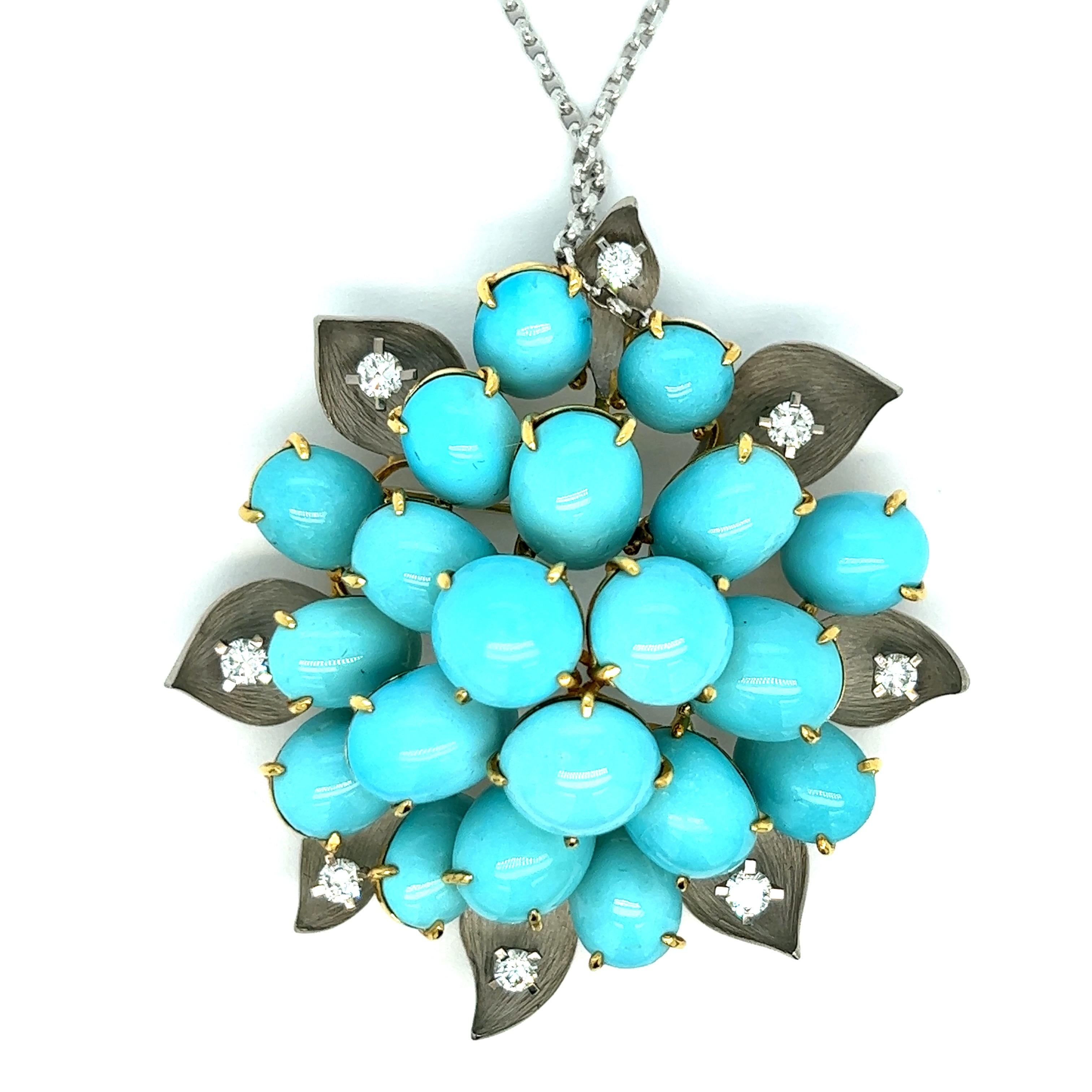 Turquoise diamond flower pendant necklace

White and clean round-cut diamonds of 1 carat, very fine turquoise stones of Persian origin, 18 karat yellow and white gold; marked 750

Can be converted into a brooch

Size: pendant width 2.13 inches,