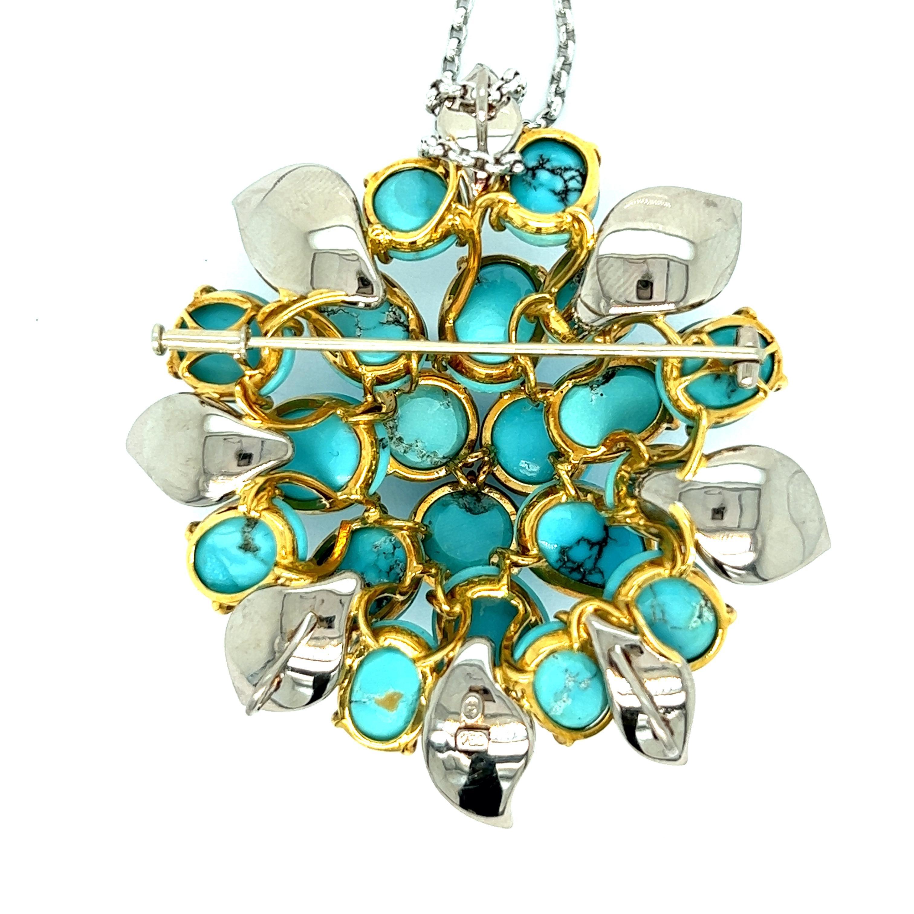 Turquoise Diamond Flower Pendant Necklace In Excellent Condition For Sale In New York, NY