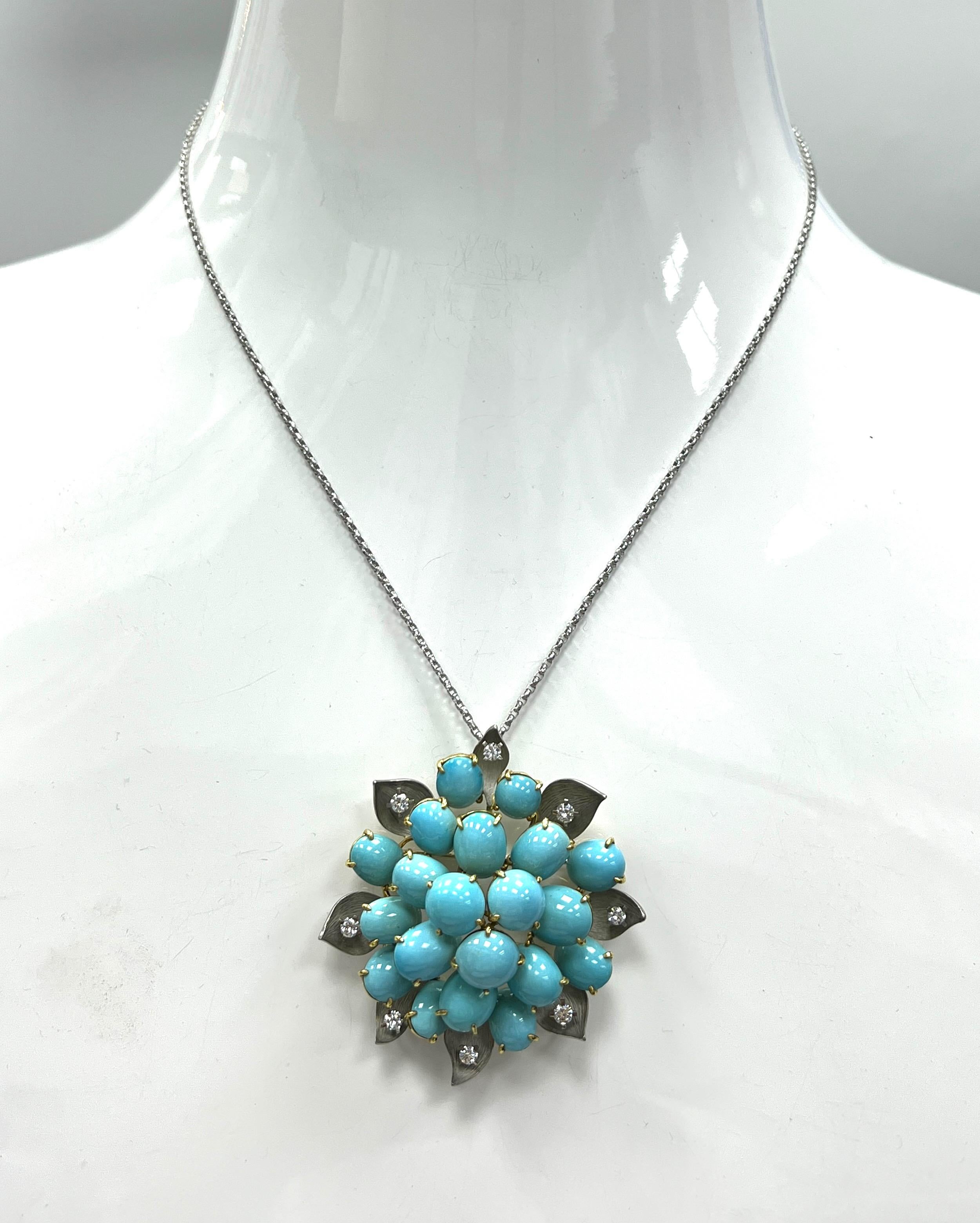 Turquoise Diamond Flower Pendant Necklace For Sale 1