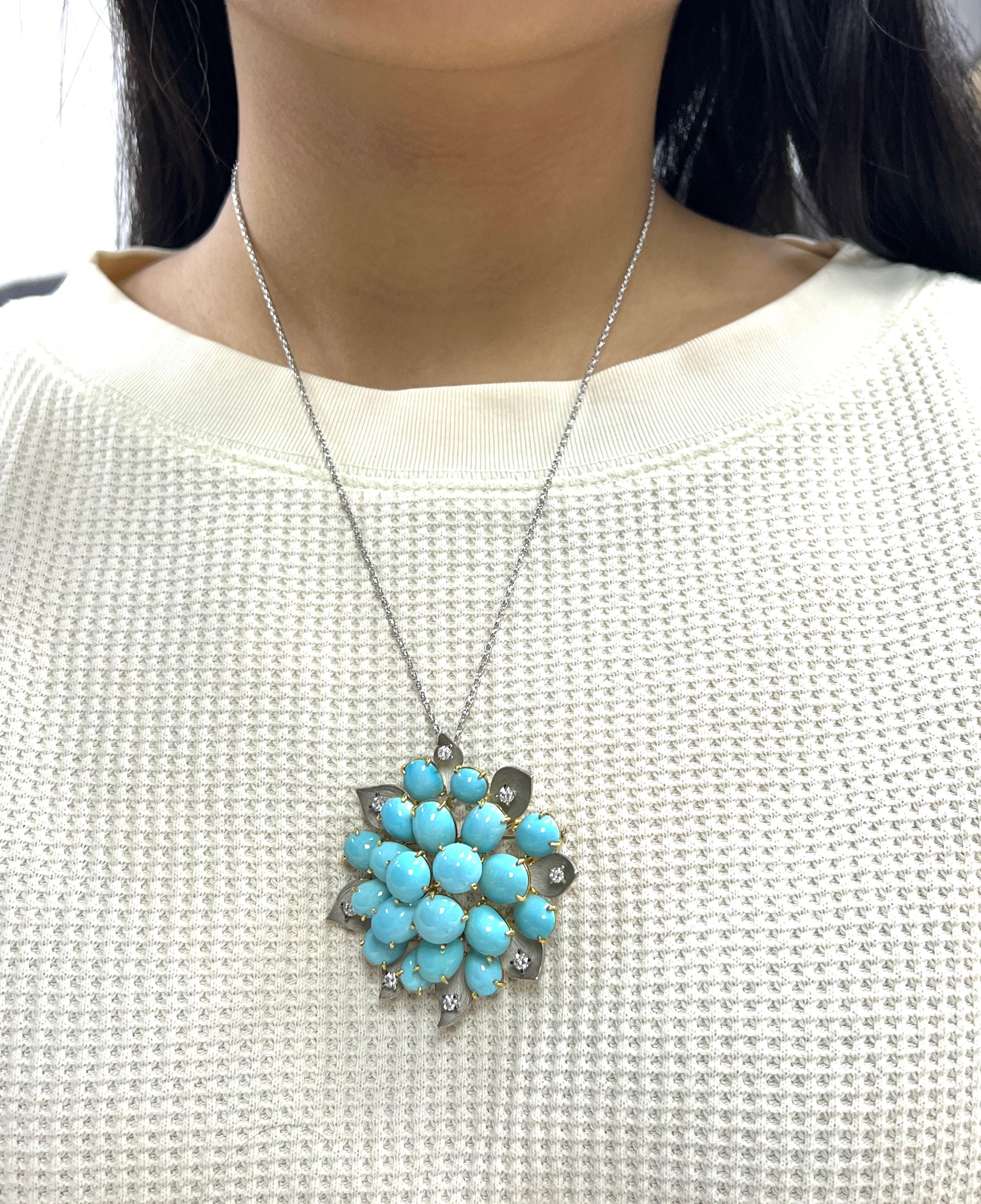 Turquoise Diamond Flower Pendant Necklace For Sale 2