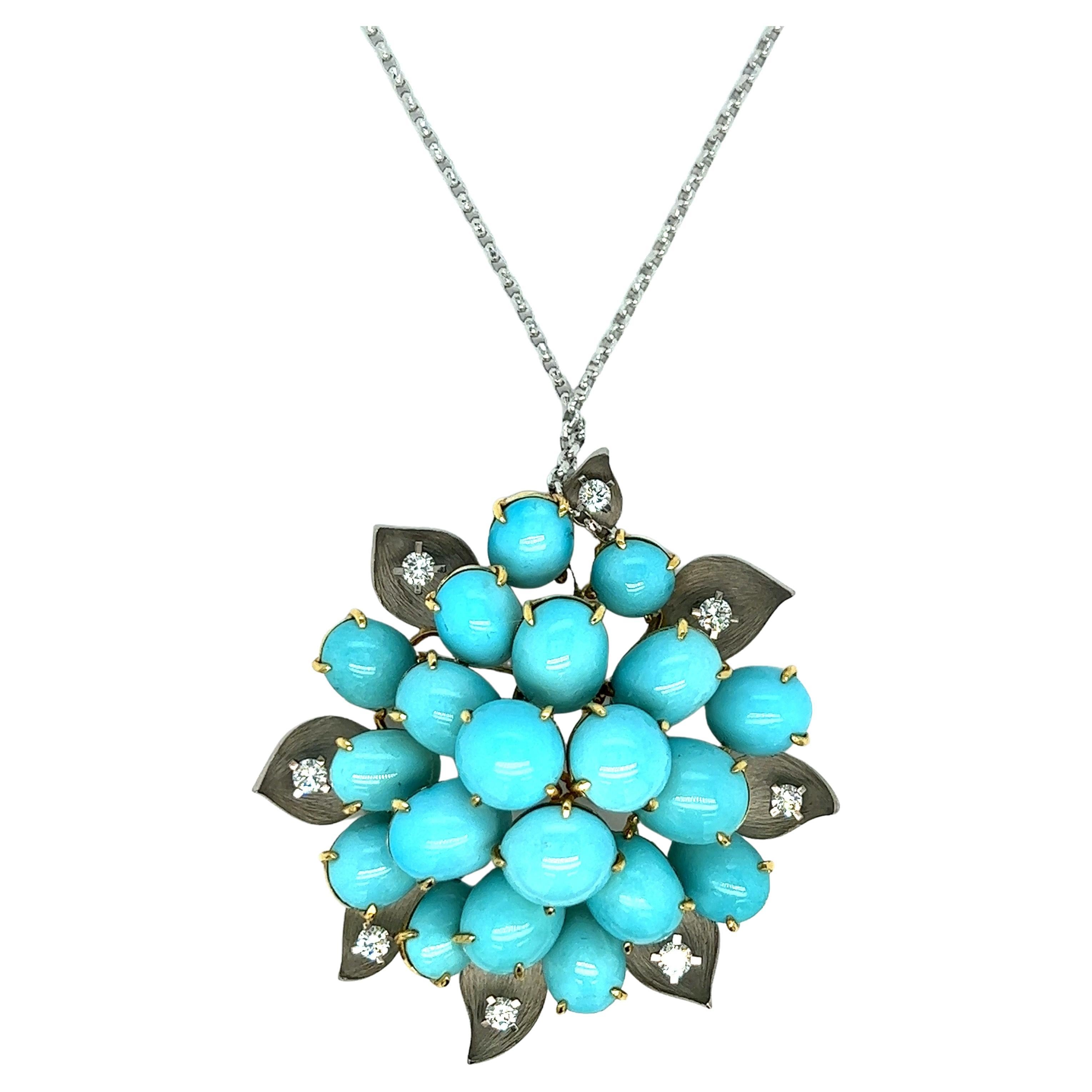 Collier pendentif fleur en turquoise et diamants