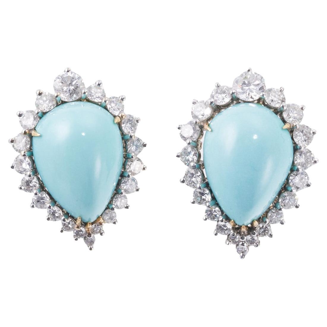 Boucles d'oreilles cocktail turquoise-diamant-or