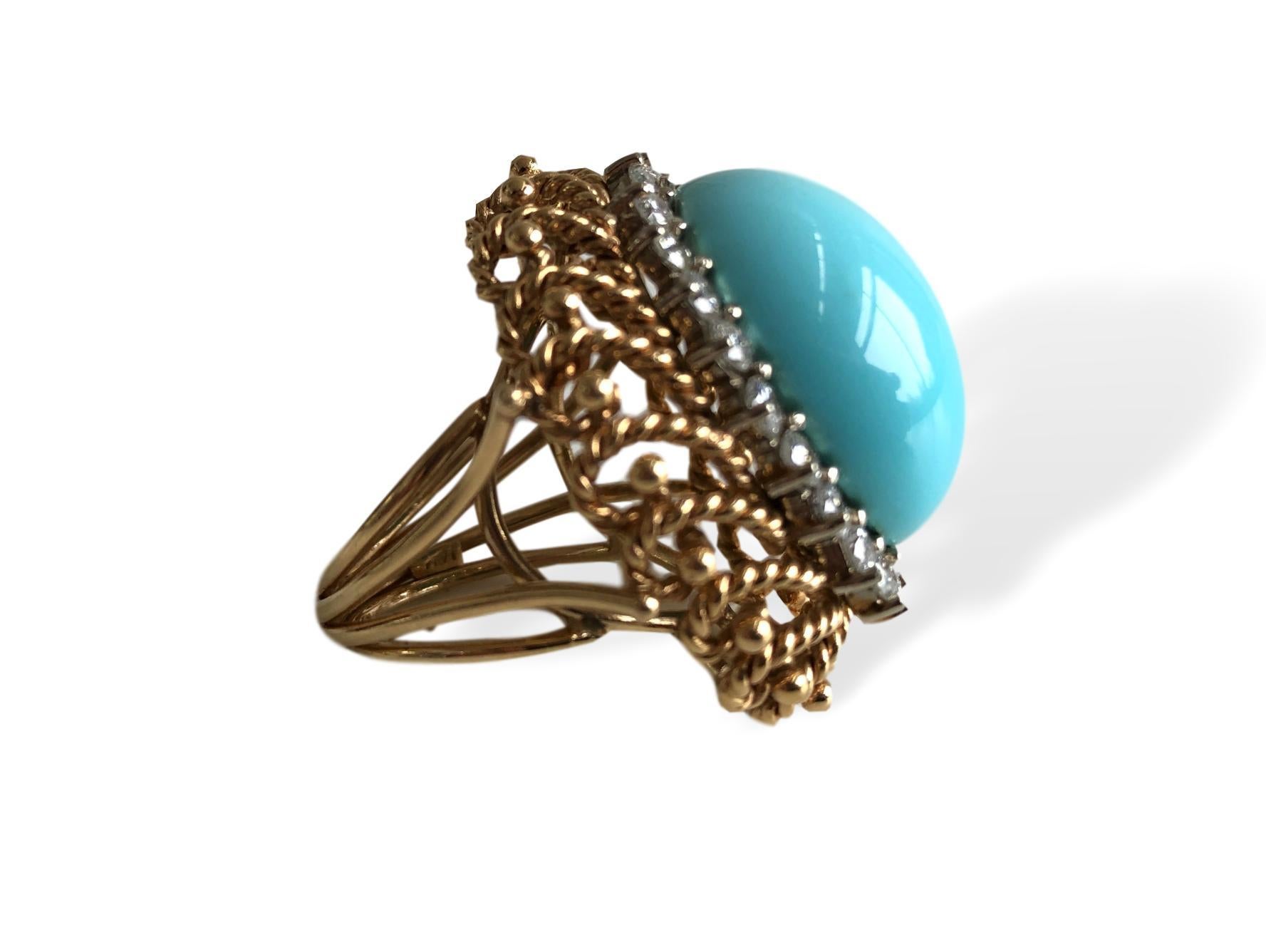 Turquoise Diamond Gold Cocktail Ring 1960's 1