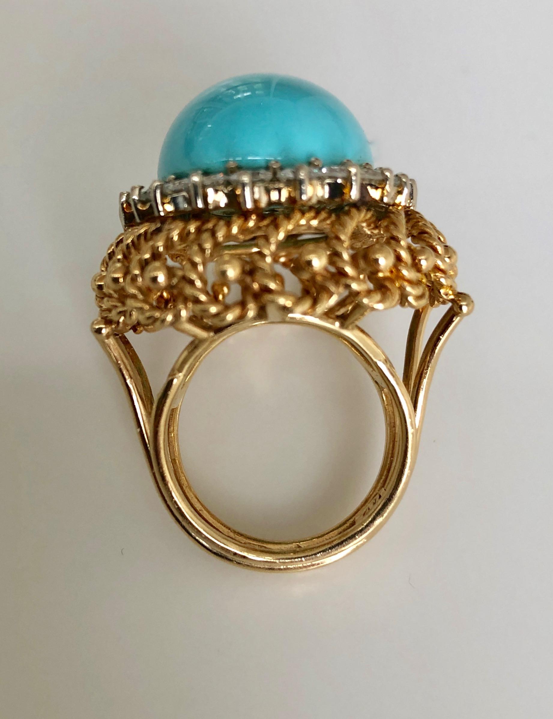 Turquoise Diamond Gold Cocktail Ring 1960's 2