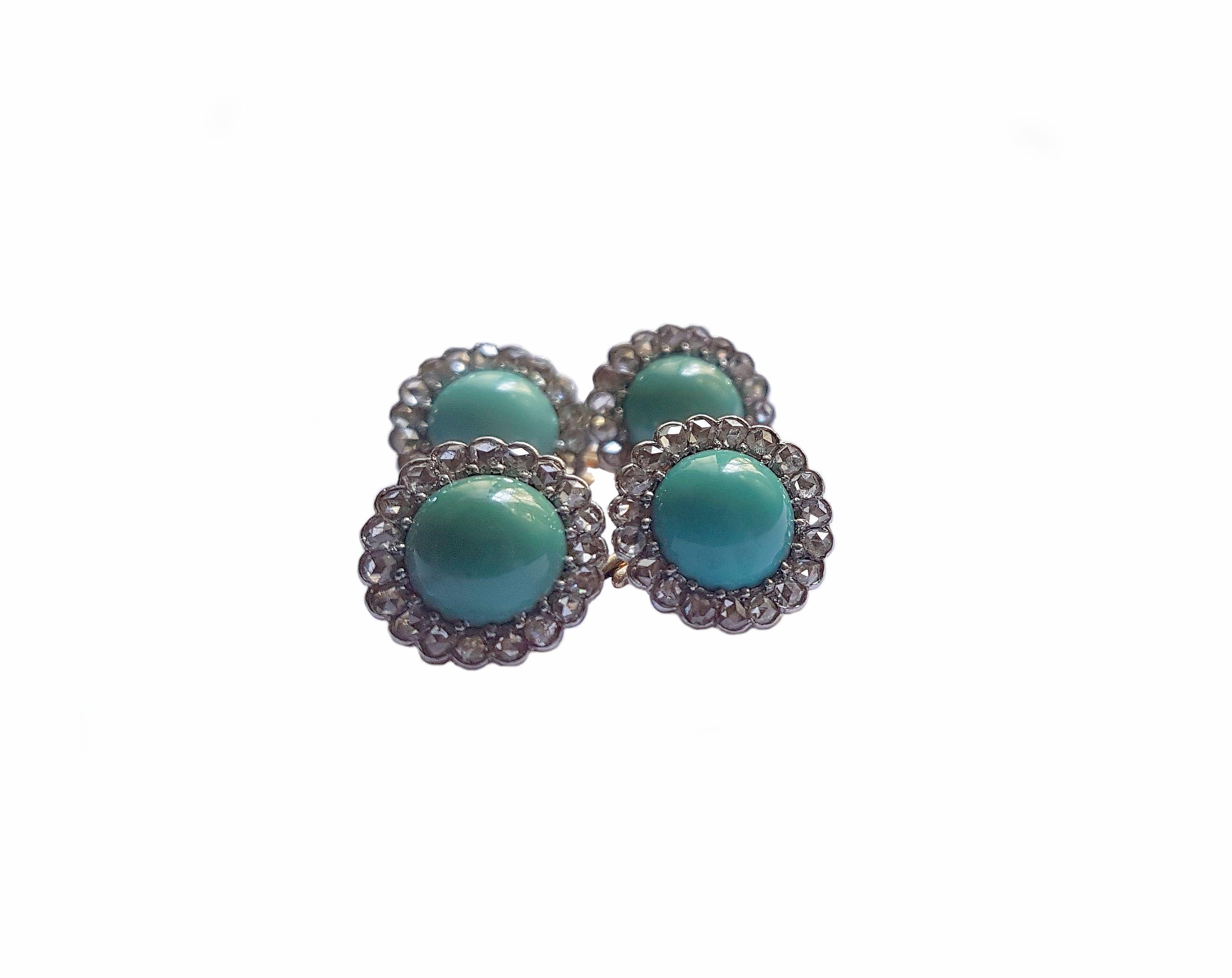 Rose Cut Turquoise Diamond Gold Cufflinks, End of 19th Century For Sale
