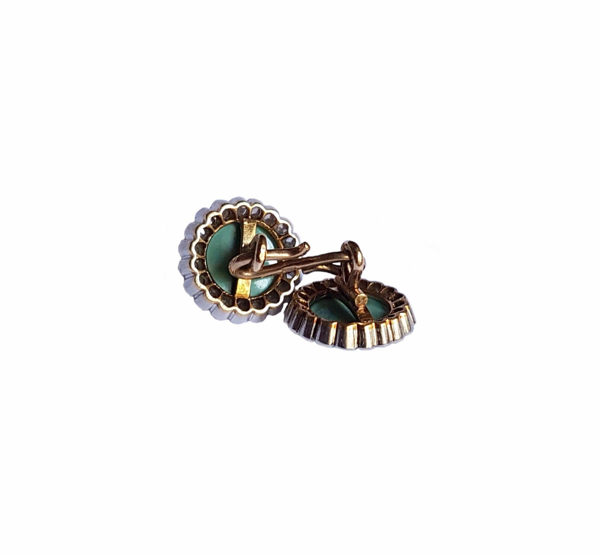 Men's Turquoise Diamond Gold Cufflinks, End of 19th Century For Sale