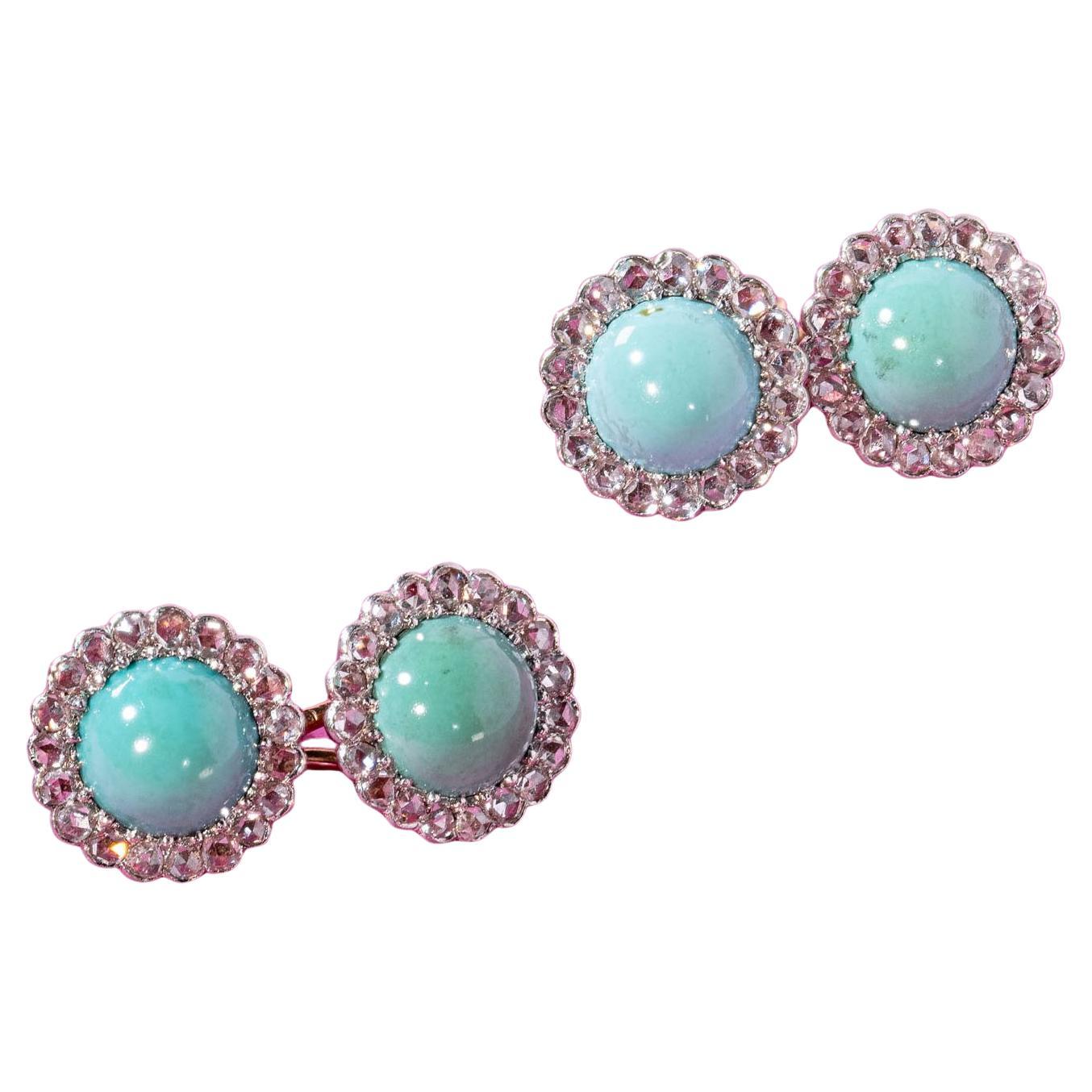 Turquoise Diamond Gold Cufflinks, End of 19th Century