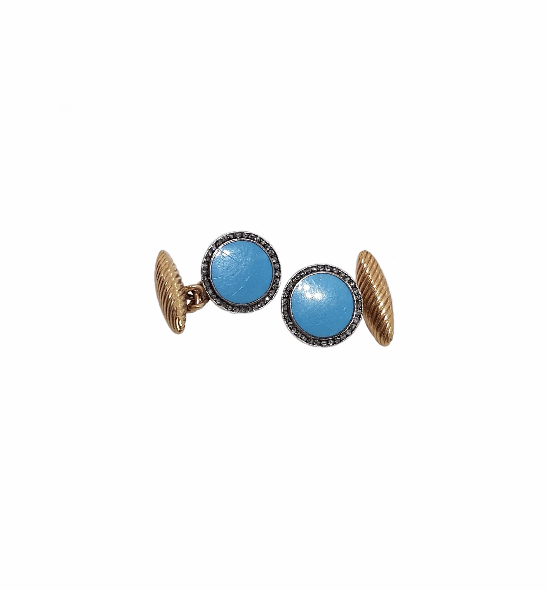 Turquoise Diamond Gold Cufflinks Russia Late 19th Century In Good Condition For Sale In Berlin, DE