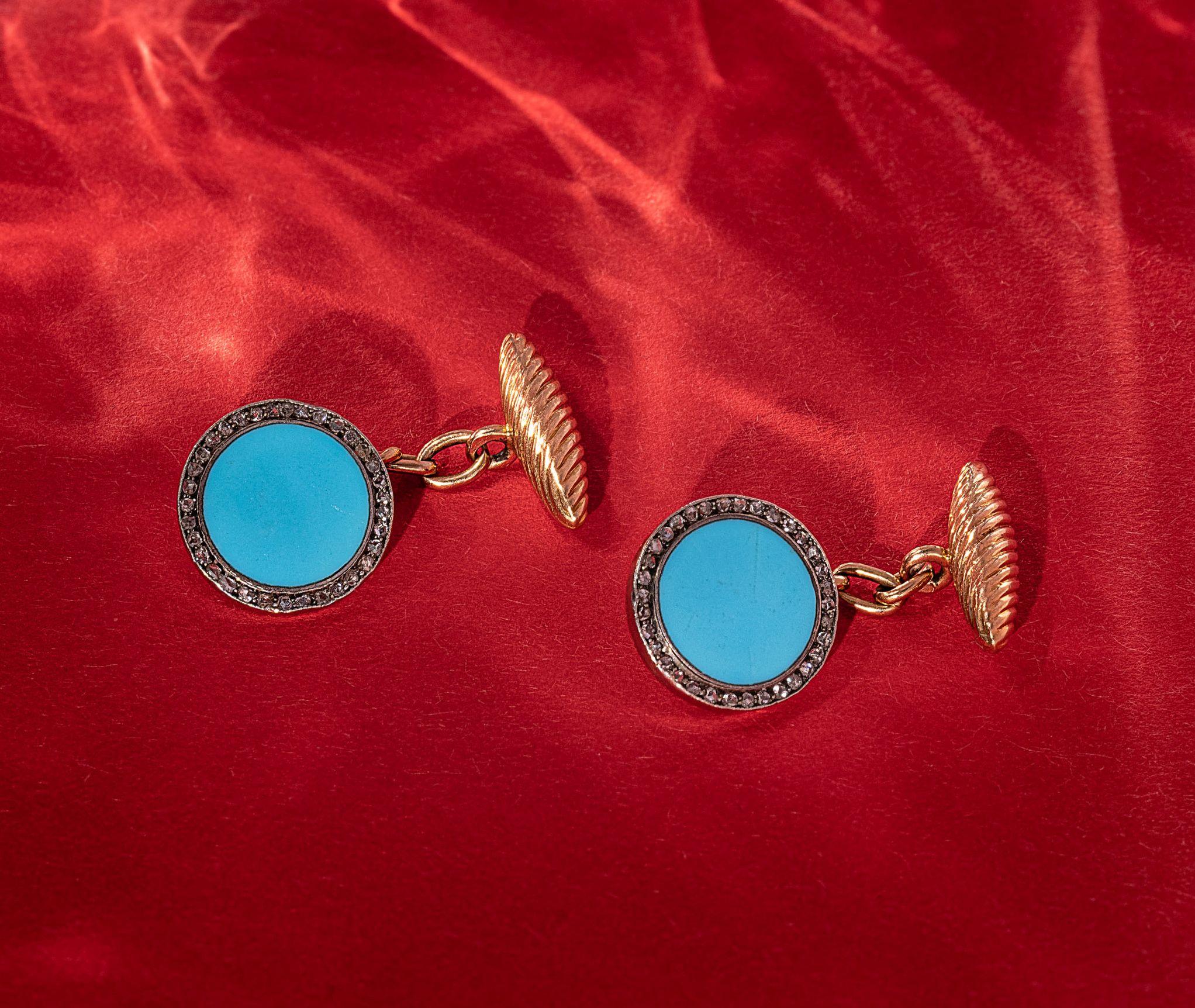 Men's Turquoise Diamond Gold Cufflinks Russia Late 19th Century For Sale