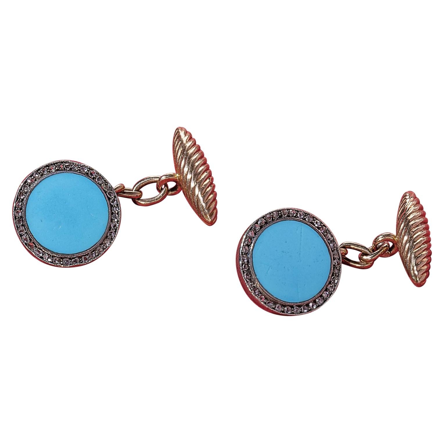 Turquoise Diamond Gold Cufflinks Russia Late 19th Century For Sale