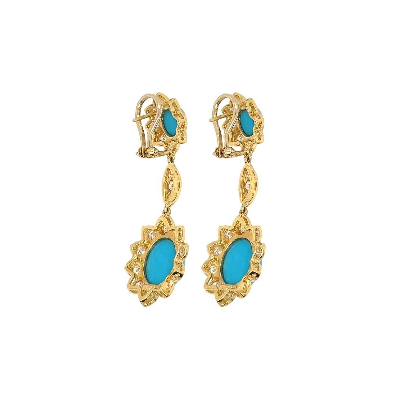 A pair of 18 karat yellow gold, turquoise and diamond earrings.  Each earclip designed as an oval cabochon turquoise surrounded by eight round brilliant cut diamonds suspending a navette set with three round brilliant cut diamonds suspending an oval