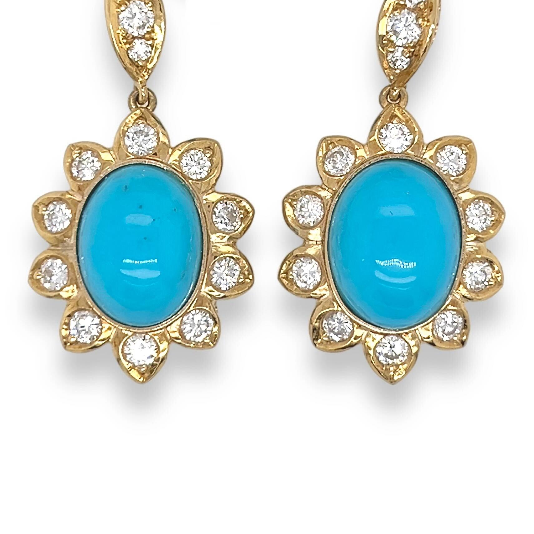 Round Cut Turquoise Diamond Gold Dangle Earrings