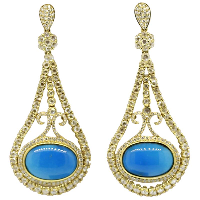 Turquoise Diamond Gold Drop Earrings For Sale