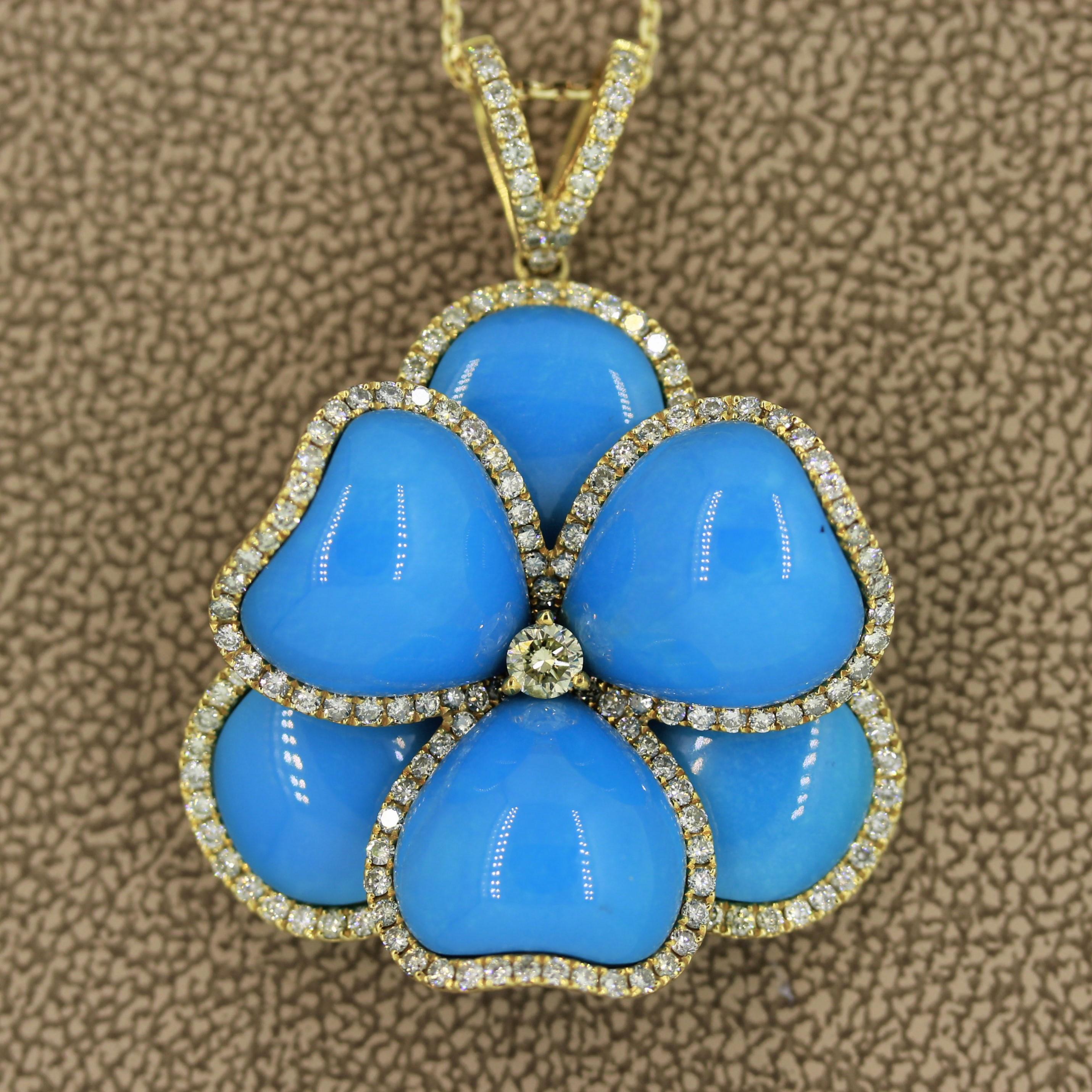 Round Cut Turquoise Diamond Gold Flower Pendant Necklace