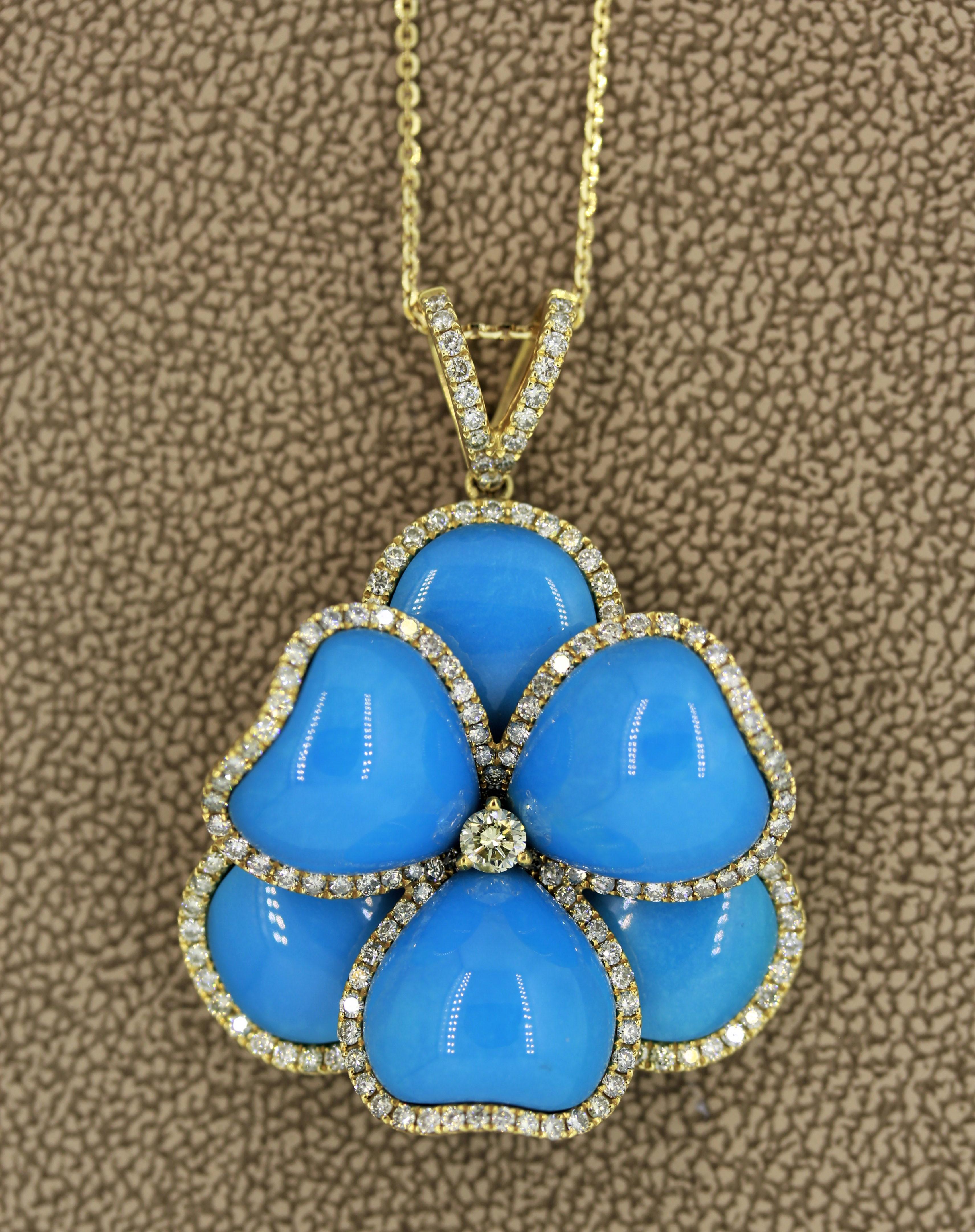 Turquoise Diamond Gold Flower Pendant Necklace In New Condition In Beverly Hills, CA
