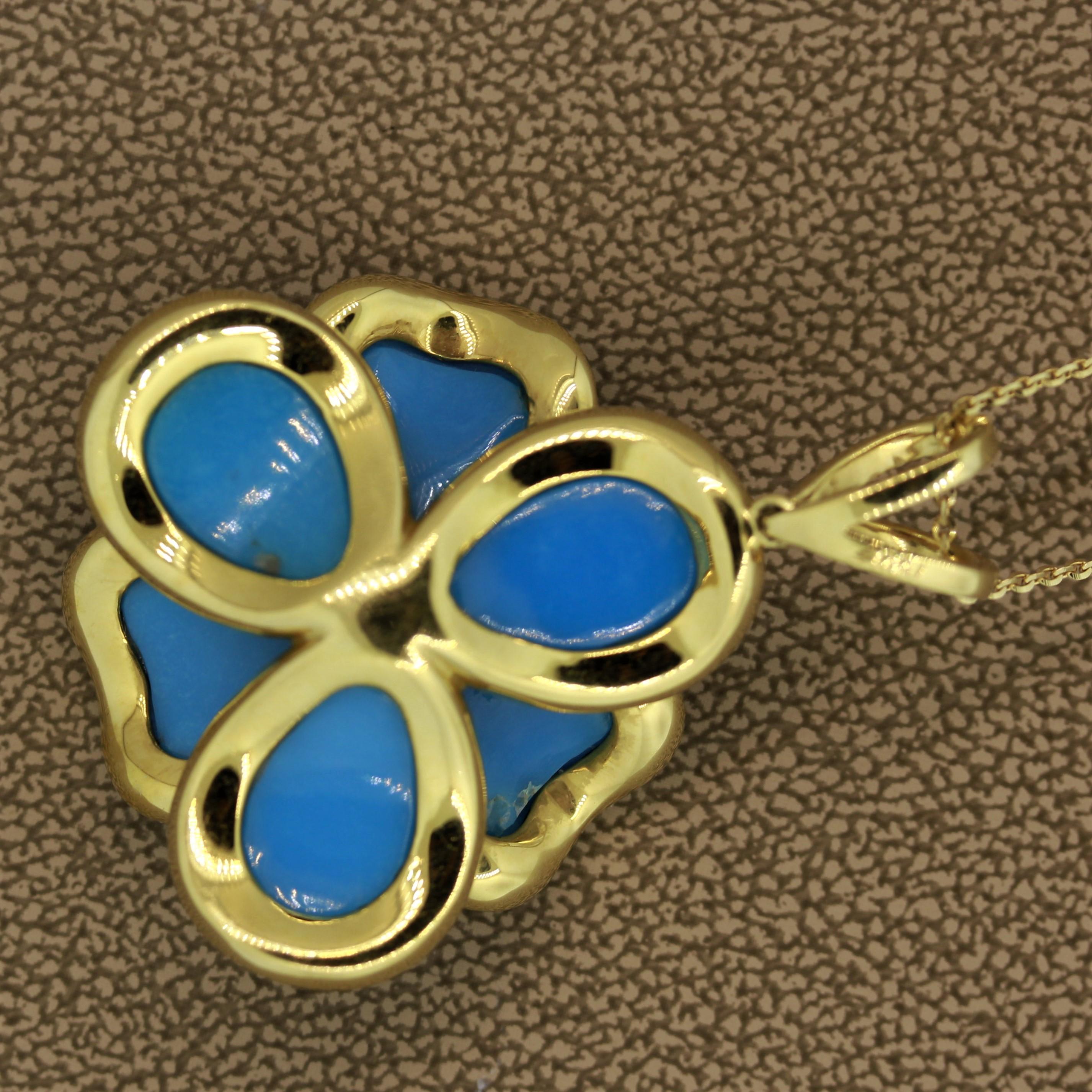 Women's Turquoise Diamond Gold Flower Pendant Necklace