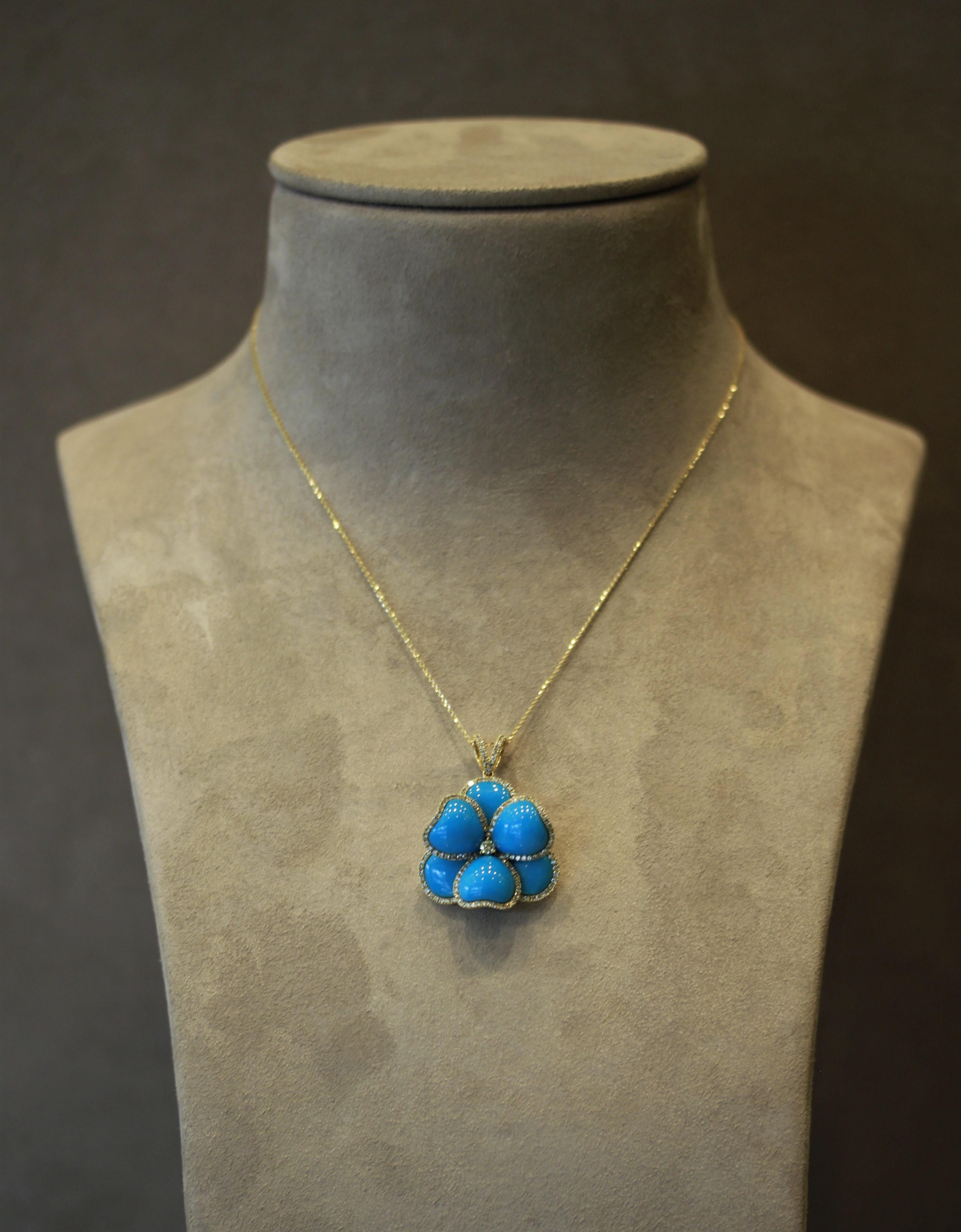 Turquoise Diamond Gold Flower Pendant Necklace 1