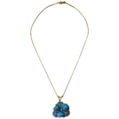 Turquoise Diamond Gold Flower Pendant Necklace